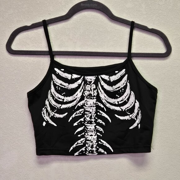 Skeleton Print Goth Punk Halloween Crop Top Spaghetti Straps S Tank Top - Picture 1 of 7